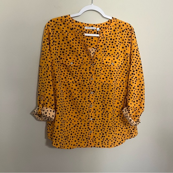 Notations Orange and Black Polka Dots Button Up V-neck Blouse size large - Picture 1 of 7